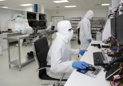 Data recovery engineers inspecting hard drives.
