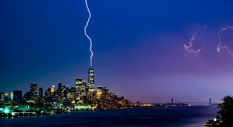 Lightning Strikes One World Trade Center Over Lower Manhattan